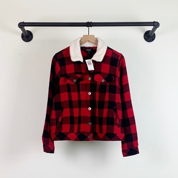 NWT Torrid Trucker Jacket In Red Black Buffalo Check Plaid - Picture 7 of 10